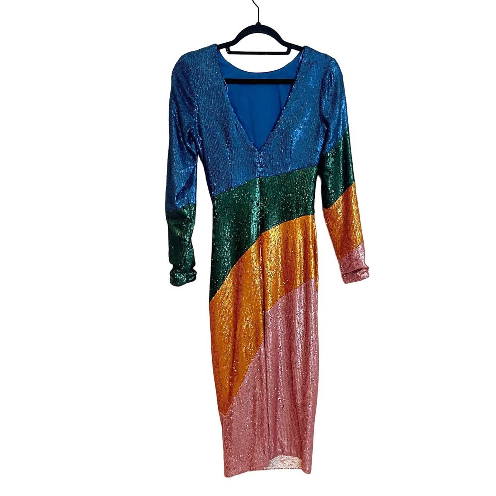 Dress the Population Sequin Color Block Long Sleeve Midi Sheath Dress XS NWOT - Picture 4 of 9